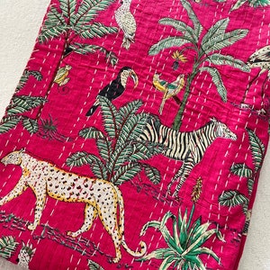 Pink Jungle Print Kantha Quilt: Reversible Indian Cotton Bedspread (Queen Size)