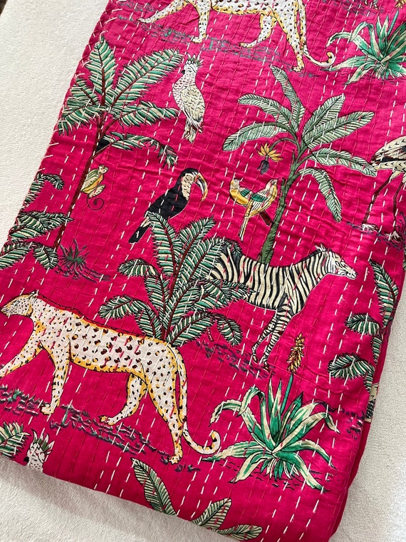 Indien Handmade Kantha Floral Coton Couette Draperie Couvre-Lit Bloc Imprimé de