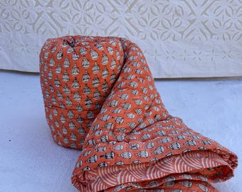 Hand Block Printed Queen Razai Quilt: Indian Floral Bedspread