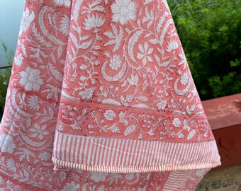 Pink Floral Quilt Dohar: Handmade Indian Bedspread, Reversible Cotton Razai