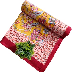 Hand Block Printed Organic Cotton Bedsheet: Floral Bedspread (Twin Size)
