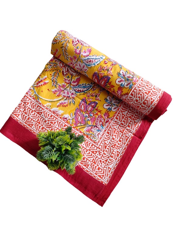 Hand Block Printed Organic Cotton Bedsheet: Floral Bedspread (Twin Size)