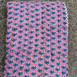 Hand Block Printed Baby Quilt: Pink Floral Cotton Kantha Throw