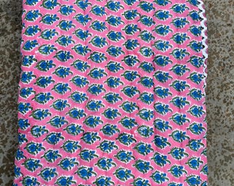 Hand Block Printed Baby Quilt: Pink Floral Cotton Kantha Throw