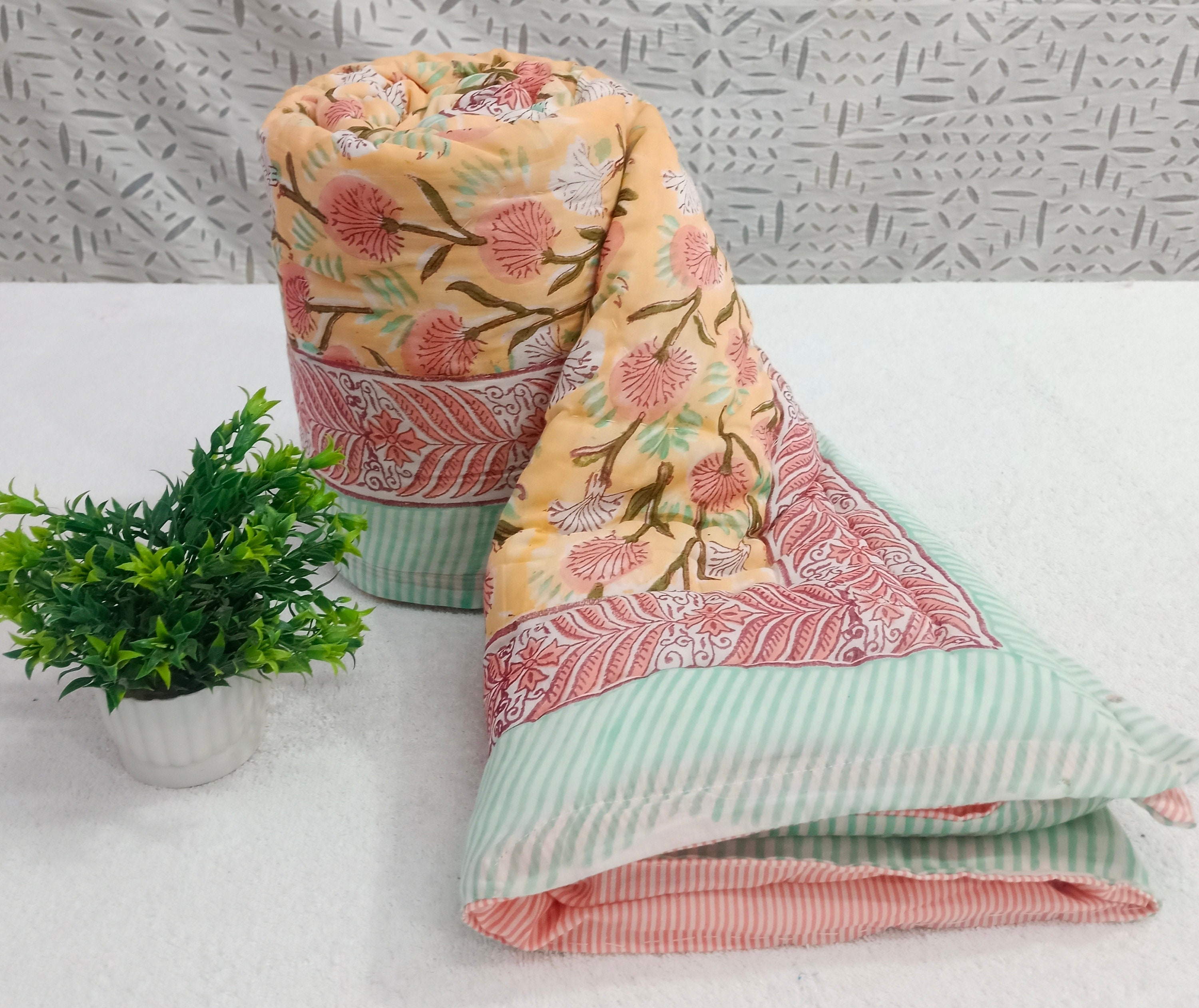 Hand Block Printed Baby Quilt: Floral Cotton Throw Blanket (44x70 Inches)