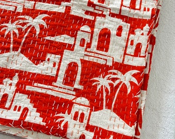 Handmade Orange Kantha Quilt: Block Print Cotton Bedspread