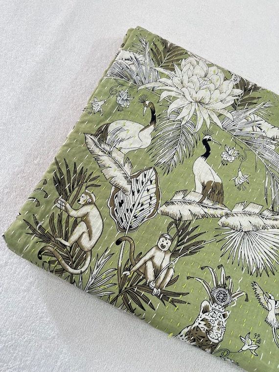 Monkey Block Print Kantha Quilt: Handmade Indian Queen Bedspread