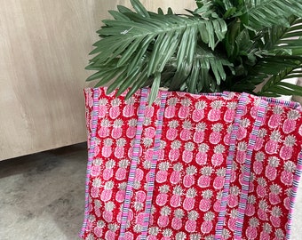 Quilted Cotton Hand Block printed Reversible, Large Red Floral Tote Bag Eco friendly Sustainable, Handmade Cotton Quilted Shopping Tote Bag