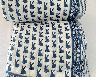 Blue Rabbit Print California King Razai Quilt: Hand Stitched Cotton Blanket
