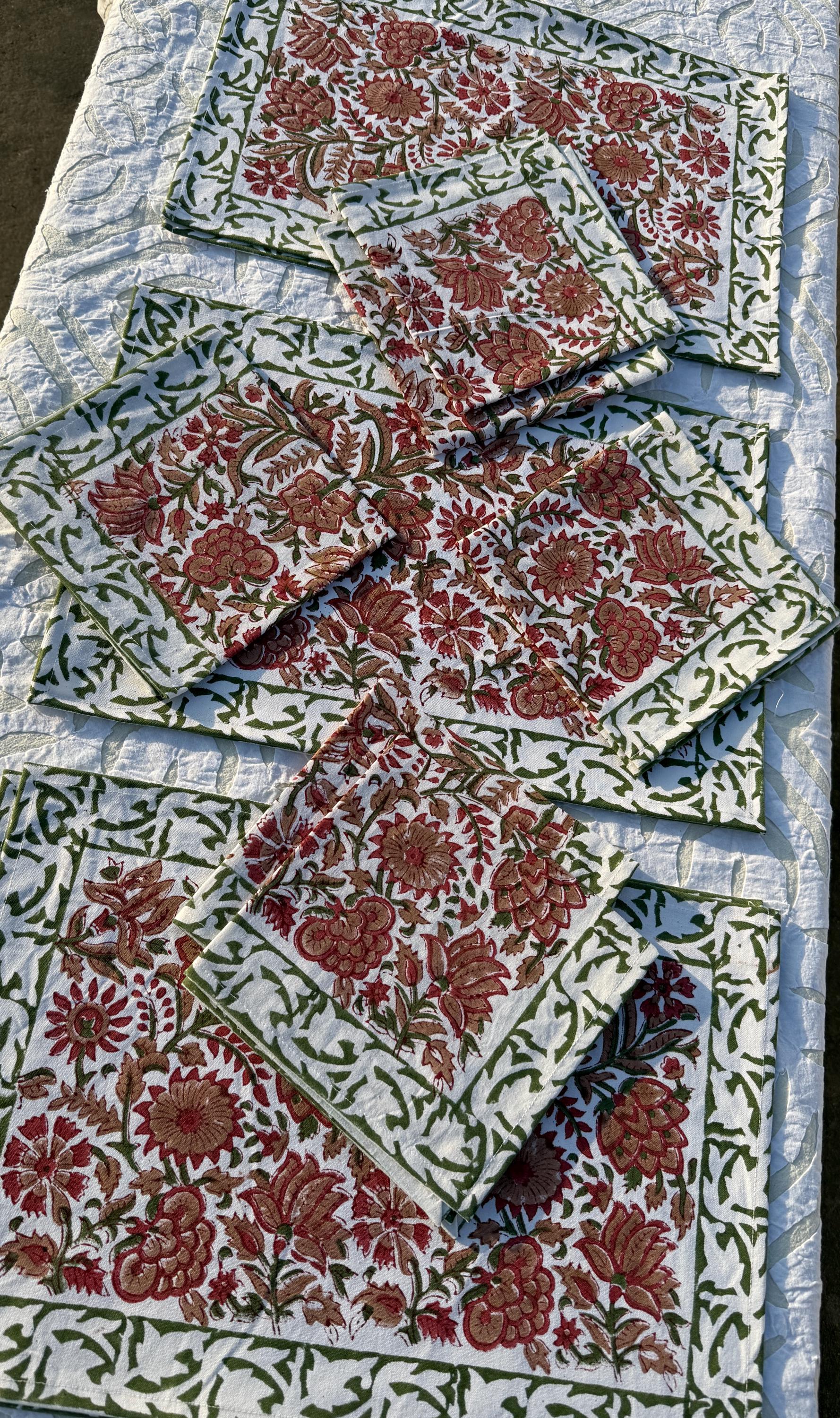 ハンドブロックプリントコットンプレースマット＆ナプキンセット