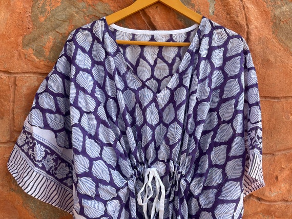 Baumwolle Robe Langer Kimono Nachtwäsche Indisch Blau Blumen Nacht