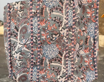 Floral Print Quilted Cotton Tote Bag: Indian Hand Block Design