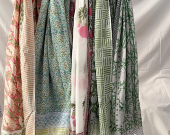 Floral Block Print Cotton Sarong: Boho Beach Scarf
