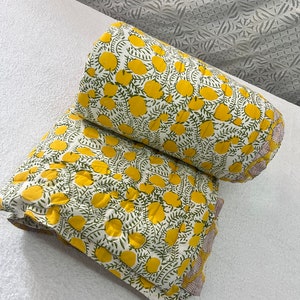 Yellow House Quilt Indian Floral Handmade Jaipuri Razai, Light Weight Reversible Quilt, Bedding Bedspread Coverlet Warm Winter Blanket Throw image 4