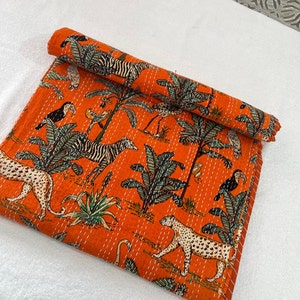 Ethnic Winter New Collection Kantha Quilt Throw Blanket, Jungle Block Print Cotton Quilted Bedspread Blanket Quilt Kantha Print Bed Cover