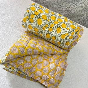 Yellow House Quilt Indian Floral Handmade Jaipuri Razai, Light Weight Reversible Quilt, Bedding Bedspread Coverlet Warm Winter Blanket Throw