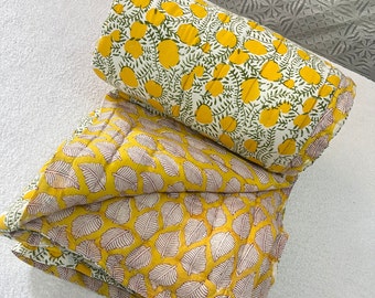 Yellow Floral Quilt: Indian Hand Block Printed Reversible Razai