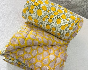 Yellow House Quilt Indian Floral Handmade Jaipuri Razai, Light Weight Reversible Quilt, Bedding Bedspread Coverlet Warm Winter Blanket Throw