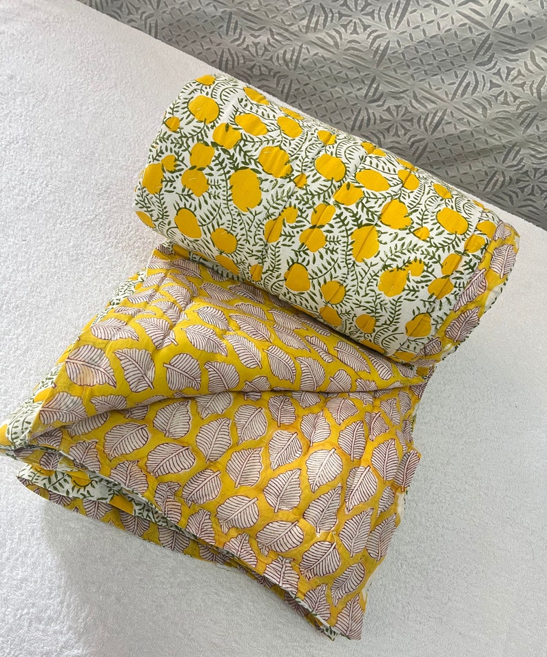 Yellow House Quilt Indian Floral Handmade Jaipuri Razai, Light Weight Reversible Quilt, Bedding Bedspread Coverlet Warm Winter Blanket Throw image 1