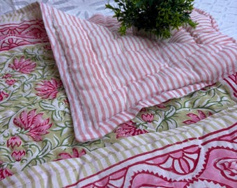 Floral Block Print Baby Quilt: 100% Cotton Green Bedspread