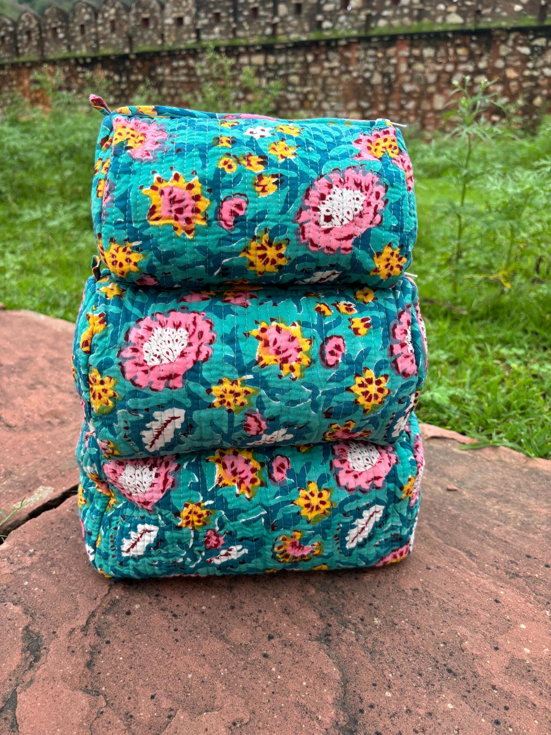 Orange - Floral Hand Block Print Quilted Toiletry Bags (Set of 3) 05