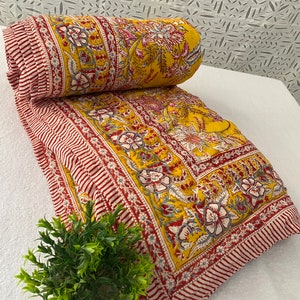 Jaipuri Cotton Handmade Quilted Razai, Floral Block Print Winter Warm Razai Quilt, Throw Bedspread Queen Size Blanket Docter Cotton Quilt