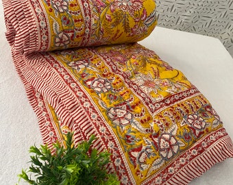 Jaipuri Cotton Handmade Quilted Razai, Floral Block Print Winter Warm Razai Quilt, Throw Bedspread Queen Size Blanket Docter Cotton Quilt