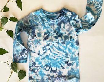 Toddler Tie Dye T-Shirt: Blue - Long Sleeve Cotton Tee with Snaps - 18-24 months
