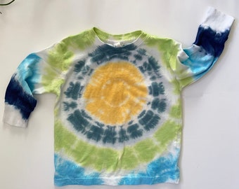 Toddler Tie Dye T-Shirt: Blue, Green & Yellow - Hand-Dyed Long Sleeve Cotton Tee - 2T-4T