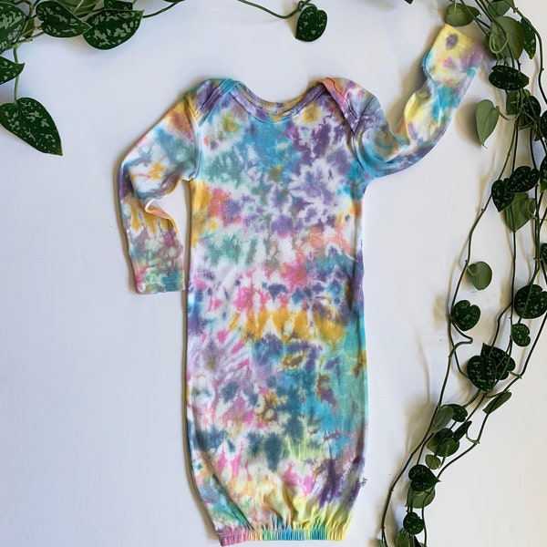 Tie Dye Baby Gown with Mitten Cuffs & Elastic Bottom - Rainbow - 0-6 month *Made to Order*