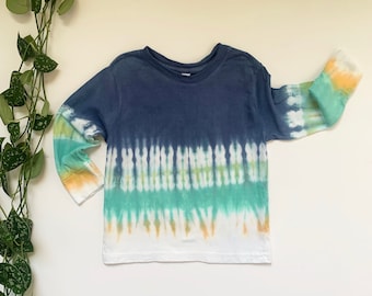 Toddler Tie Dye T-Shirt: Blue & Yellow - Hand-Dyed Long Sleeve Cotton Tee - 2T-4T