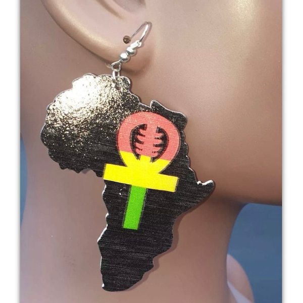 African Map Wooden Earrings Women Wood Africa Caribbean Dangle Afro Colourful