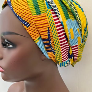 African Kente Head wrap, African Print Scarf Ankara Turban, Adinkra Symbol Wax Head tie For All