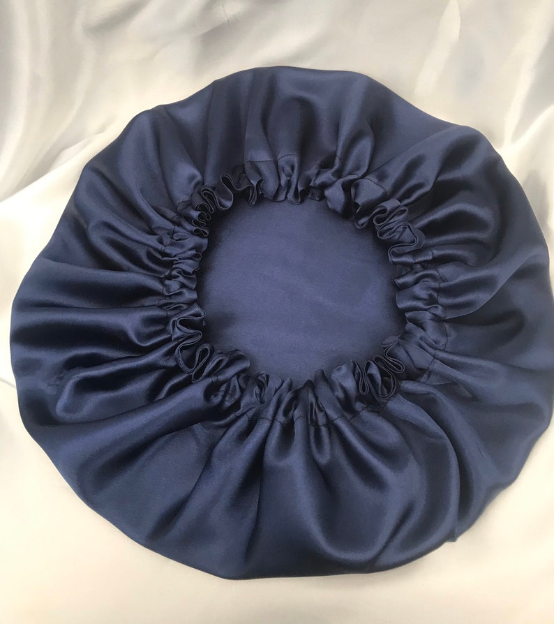 Navy Reversible Women Sleeping Bonnet Soft Satin Silk Sleep Hat Silk Satin bonnet Elasticated, Sleep Cap Bonnet, Protecting Hairstyle Cap image 1