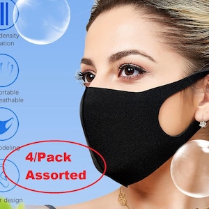 Peut inclure: Une personne porte un masque facial noir. Le masque a des boucles d'oreille et est fait d'un matériau souple. L'image comprend le texte "4/Pack Assorted" et des icônes indiquant une isolation haute densité, une respirabilité et une modélisation 3D.