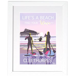 beach print cleethorpes paddle boarding vintage holiday poster coastal illustration art artwork