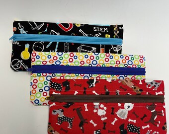 STEM themed pouch, DOGS on zipper pouch, colorful CIRCLES, pencil pouch, tiny booklets, pencil case, zipper pouch, organizer, back to school