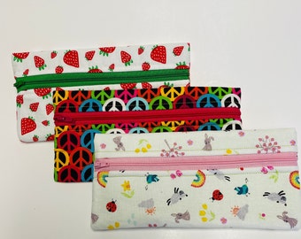 PEACE SIGNS on pencil pouch, STRAWBERRIES on zipper pouch, pencil case, organizer, small gift idea, back to school, peace sign, mask holder