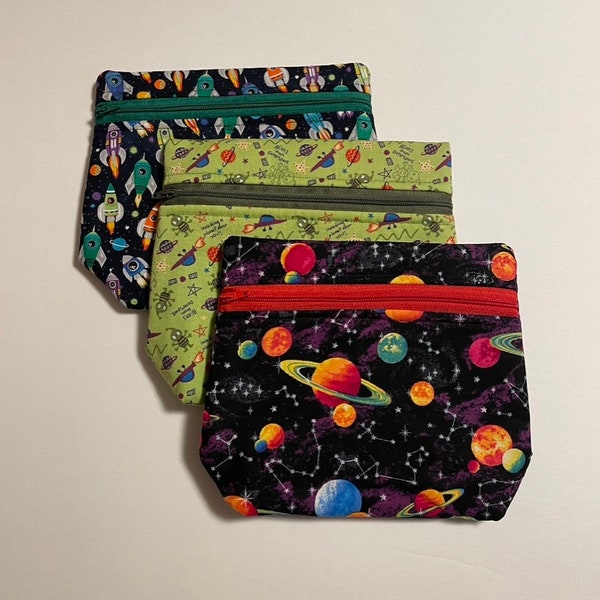 SPACE themed, ROCKETS, PLANETS, solar system, roomy zipper pouch, make-up bag, gift idea, for toys, travel pouch, school supplies, space