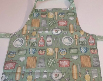 Child's CHEF APRON, pale GREEN,cooking tools/supplies on apron, child's apron, reversible, cooking apron, Montessori apron, gingham apron