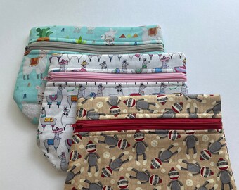 SOCK MONKEY pouch, LLAMAS on pouch, roomy zipper pouch, make-up bag, gift idea, travel pouch, loves llamas, loves monkeys, sock monkey,