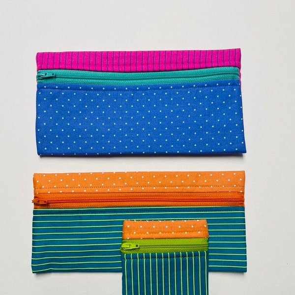 Vibrant pencil case,  POLKA DOTS, STRIPES, back-to-school, desk organizer, extra pocket, pencil pouch, gift idea, polka dot pencil case