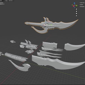 K&ouml;nnte beinhalten: Ein 3D-Modell eines detaillierten, grauen Fantasy-Schwertes, das in mehrere Teile zerbrochen ist. Das Schwert hat eine scharfe Klinge, einen gebogenen Griff und komplizierte Details.