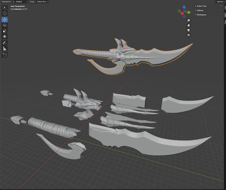 K&ouml;nnte beinhalten: Ein 3D-Modell eines detaillierten, grauen Fantasy-Schwertes, das in mehrere Teile zerbrochen ist. Das Schwert hat eine scharfe Klinge, einen gebogenen Griff und komplizierte Details.