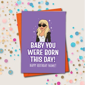 Personalised Born This Day Birthday Card, Personalised Popstar Illustration Birthday Card, Personalised Gaga Inspired Birthday Card