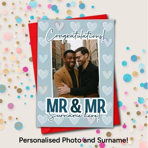 Personalised Mr and Mr Wedding Card, Custom Surname and Photo Congratulations Card – Heart Design LGBTQ Gay Marriage, Gay Anniversary Card