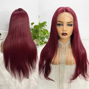 burgundy silk straight women wig  red wine lace frontal human hair wigs 99J glueless lace wig for women bleached knots baby hair