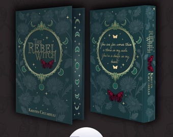 May include: A book cover with a dark green background and gold accents. The title "The Rebel Witch" is in a gold circle with a red butterfly. The author's name, "Kristen Ciccarelli", is at the bottom of the cover.