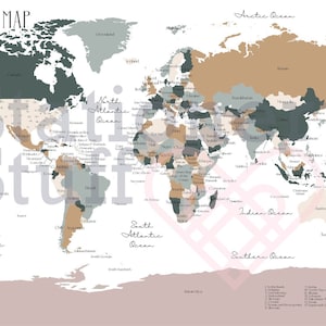 Puede incluir: Un mapa del mundo impreso en tonos neutros de verde, beige y gris. El mapa incluye los nombres de los océanos y continentes, con el título "WORLD MAP" en la parte superior. Un elemento decorativo para el hogar.