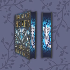 May include: A book cover with a blue and silver dragon design. The title of the book is "Throne of Secrets" by Kerri Maniscalco.